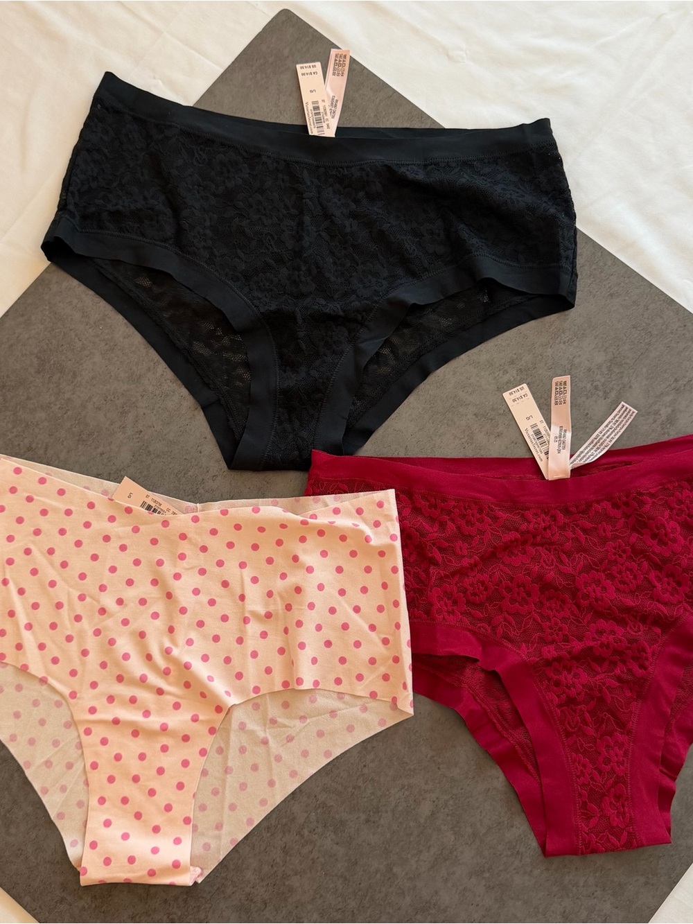Victoria's Secret Three-Pair Hipster Panty Set - Black, Pink Polka Dot, Wine